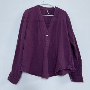 Free People Changing Horizons Purple Long Sleeve Button‎ Up Frayed Hem Blouse M